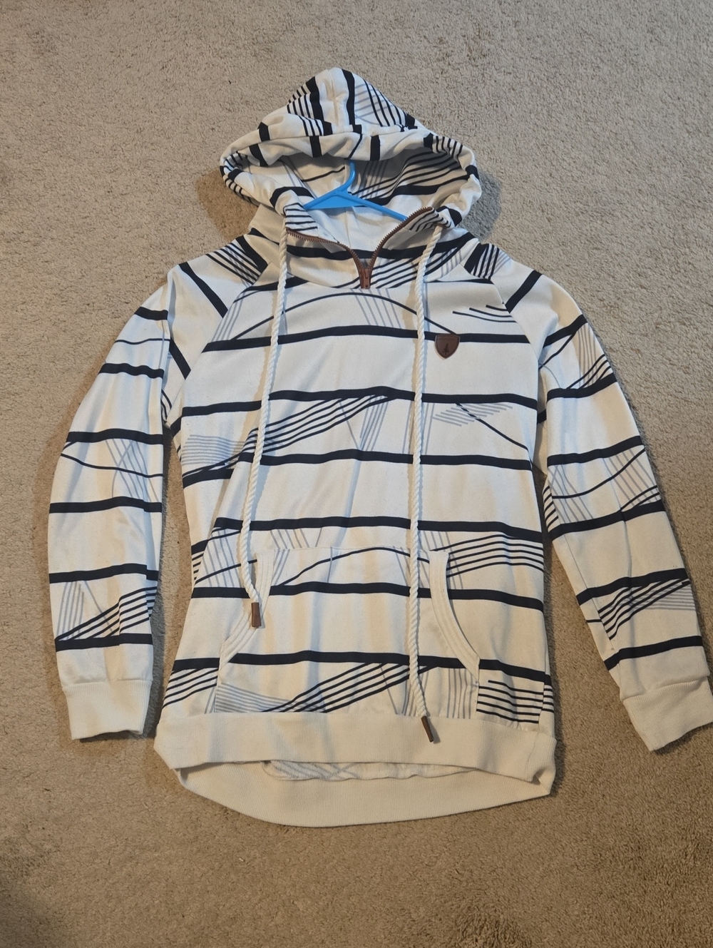 Women's White & Navy Striped Hooded Sweater